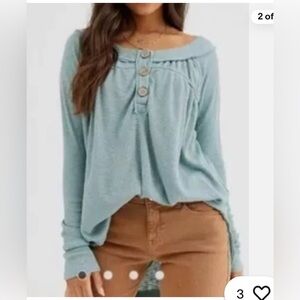 Free People We The Free Must Have waffle henley top shirt sz M teal